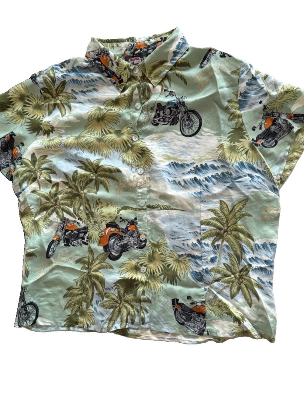 Harley Davidson Tori Richard VTG Hawaiian Shirt Women Green Motorcycle Size XL